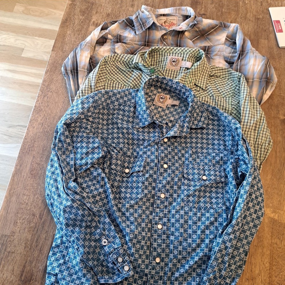 Kids Cinch and Wrangler Western Shirts Bundle Blue Green Plaid Geometric 10-12